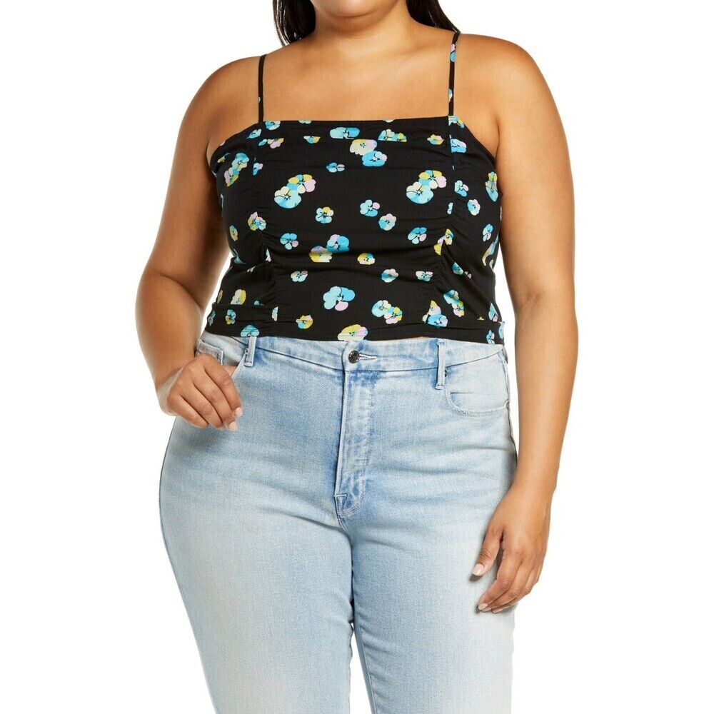 BP. Ruched Crop Cami Black Floral Plus Size 2X